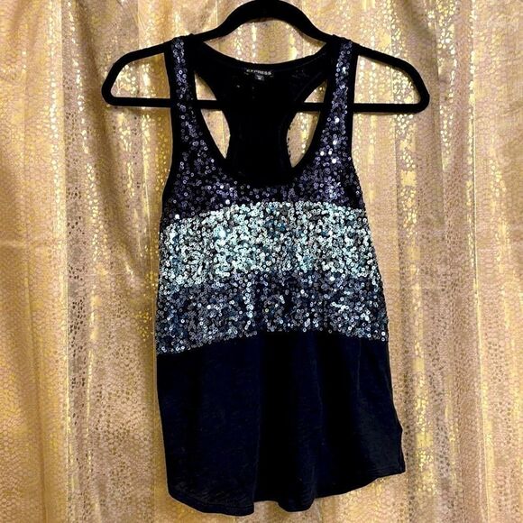 Express black and silver sequin racer back ruched tanktop size XS - Picture 1 of 4
